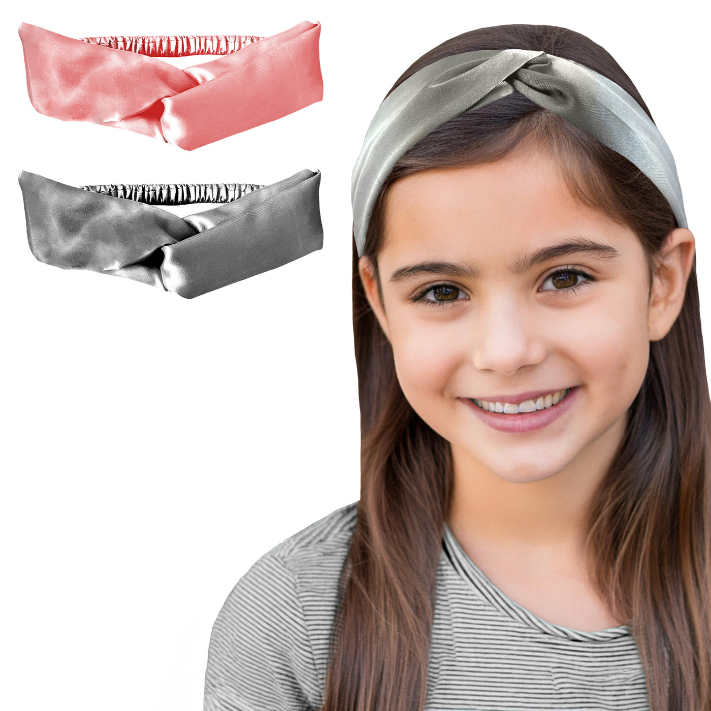 2 Satin Hairbands For Girls - Gray Pink