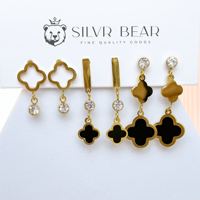 Lucky Clover Leaf Earrings - Set of 3 - Gold Tone