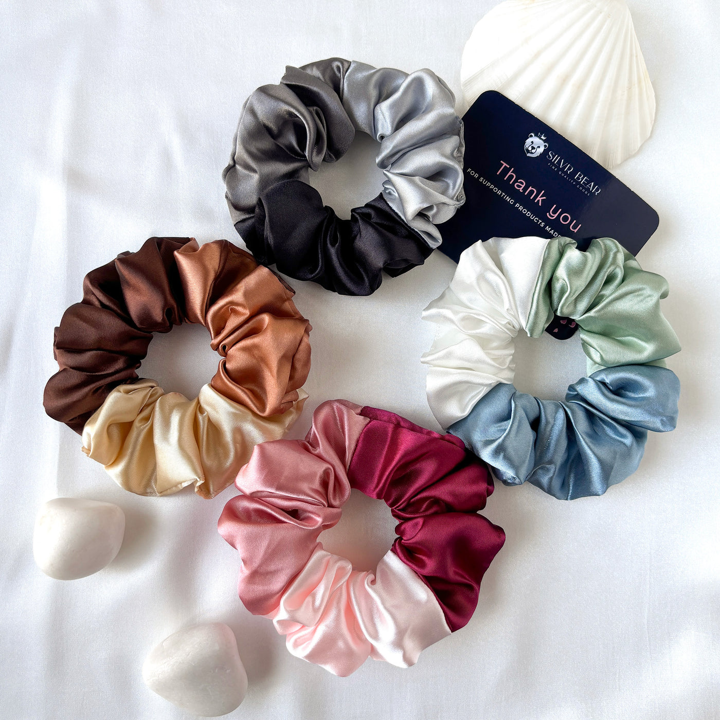 4 Premium Satin Scrunchies - Triple Tone