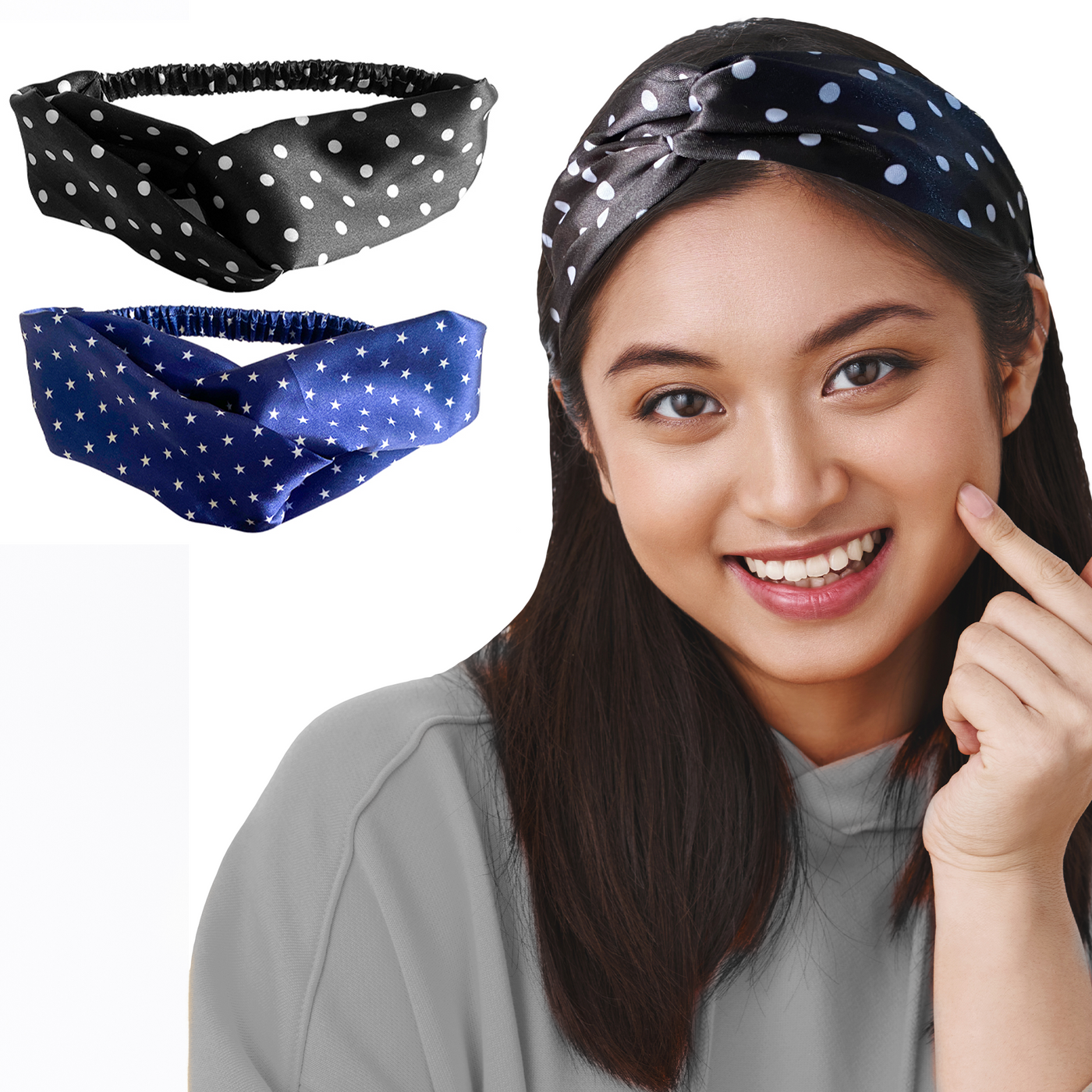 2 Luxury Satin Hairbands For Women - Polka Dots Dark