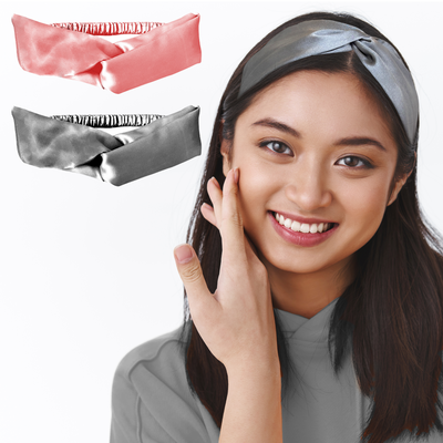 2 Satin Hairbands For Women - Solid Gray Pink