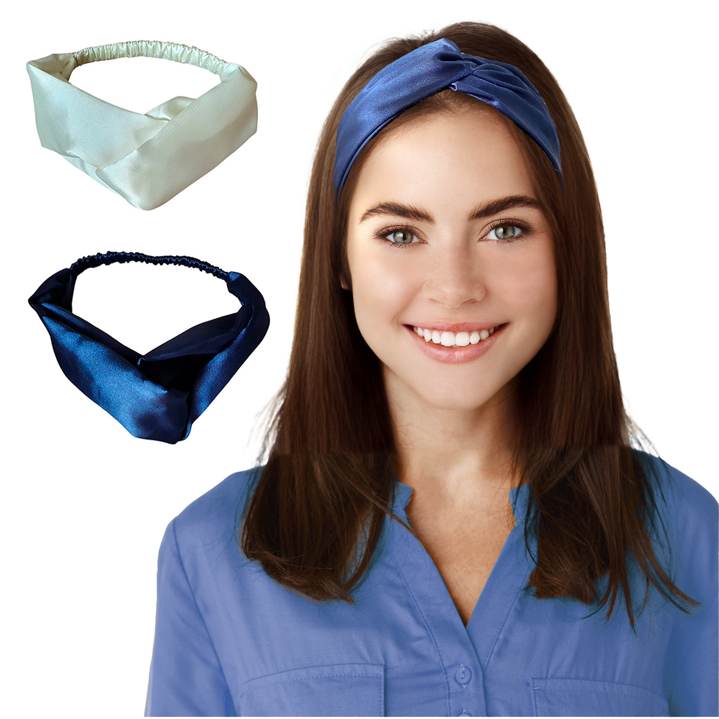 2 Satin Hairbands For Women - Solid Navy Ivory