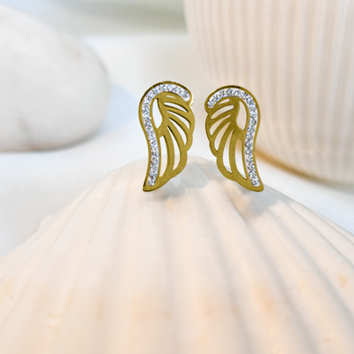 Earrings - Angel Wings - Gold Tone with Diamond Accents