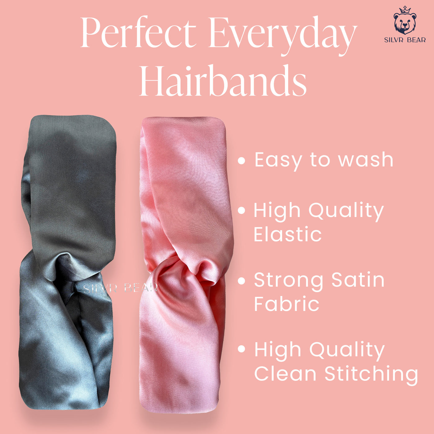 2 Satin Hairbands For Girls - Gray Pink