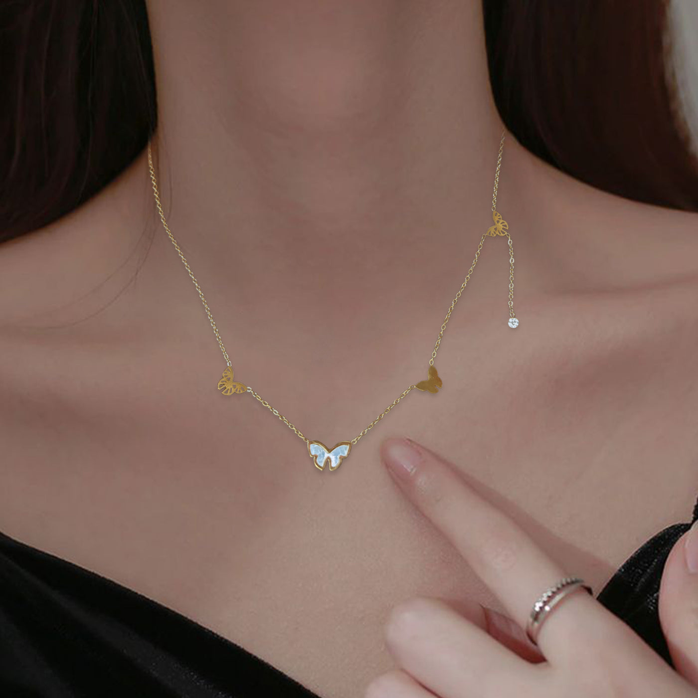 Anti Tarnish Butterfly Necklace - Gold Tone - White Butterfly