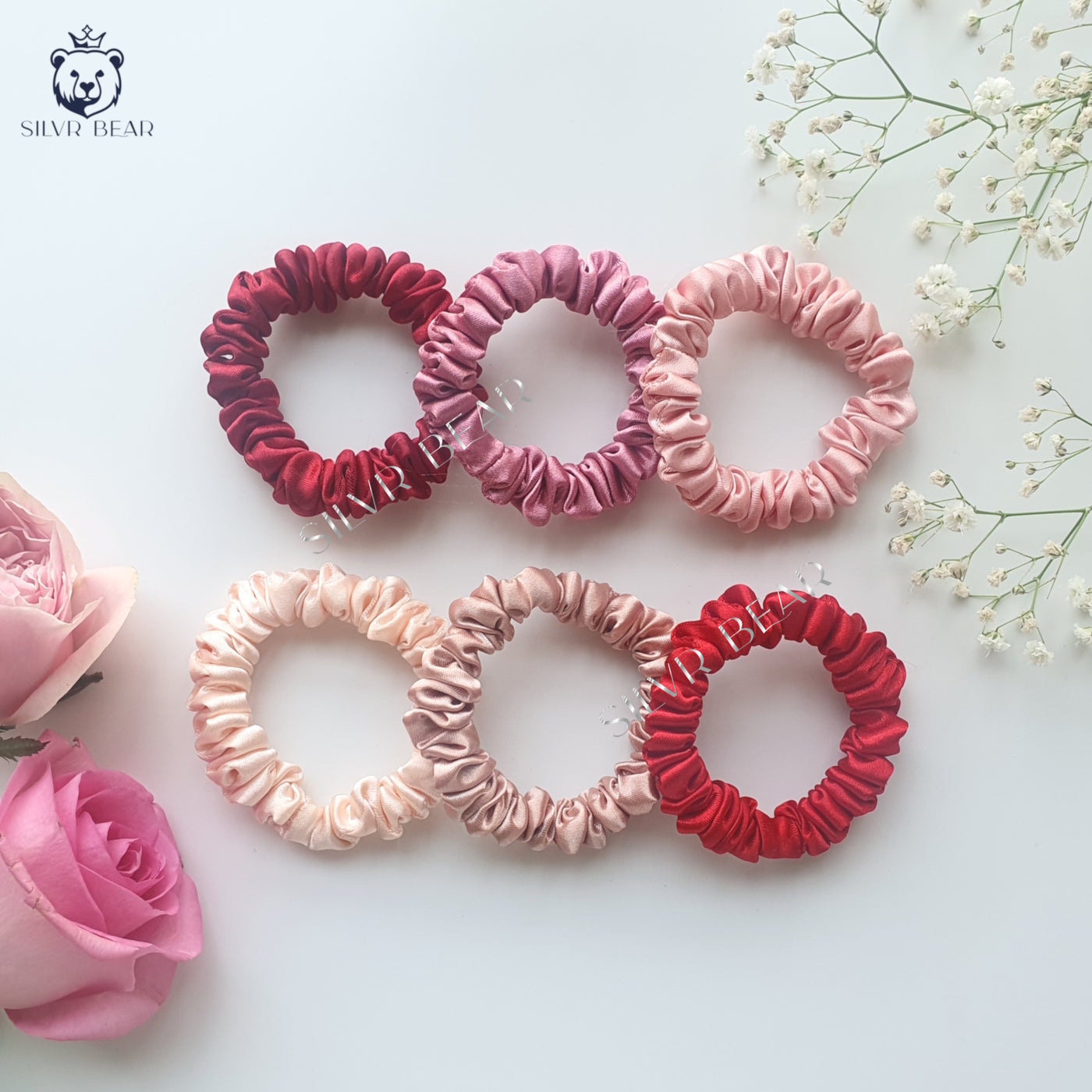 6 Luxury Satin Skinny Scrunchies - Rose Collection