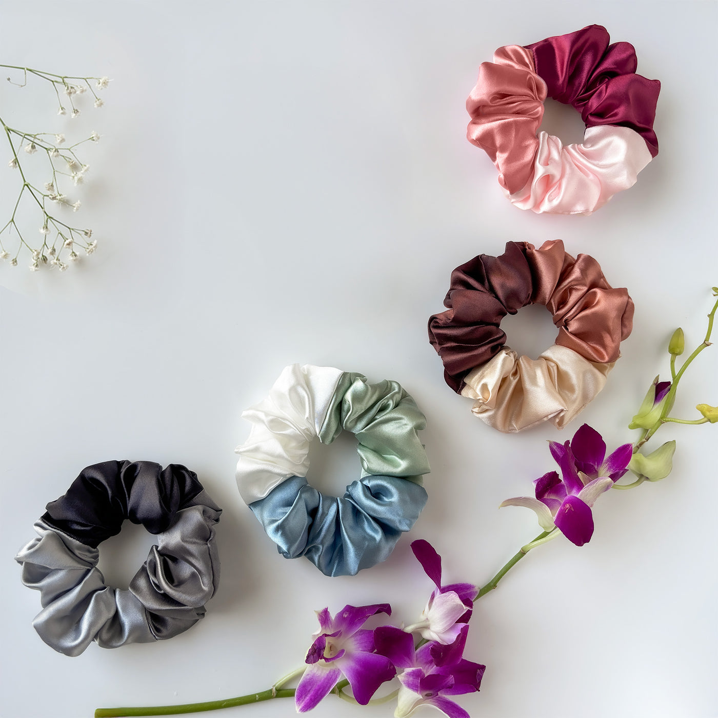 4 Premium Satin Scrunchies - Triple Tone