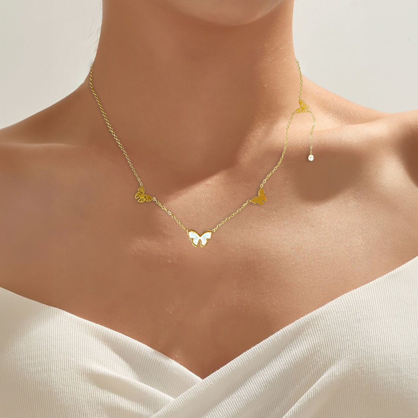 Anti Tarnish Butterfly Necklace - Gold Tone - White Butterfly