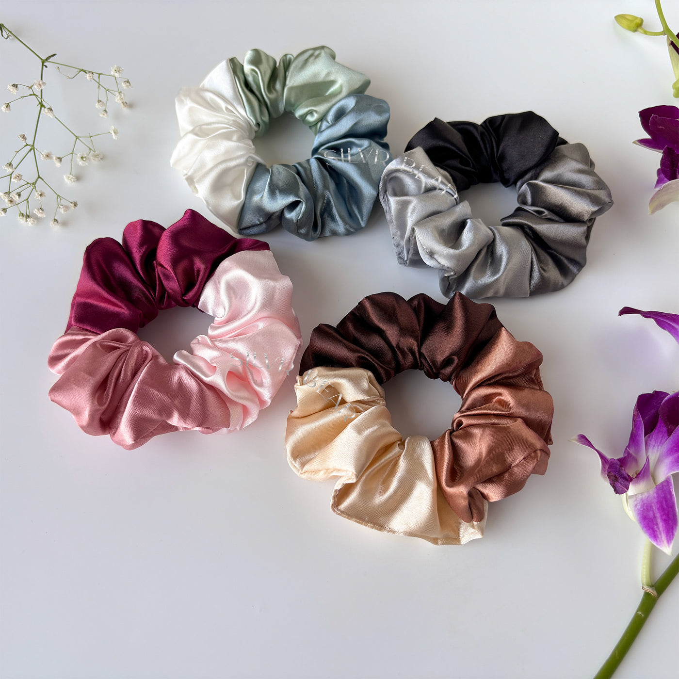 4 Premium Satin Scrunchies - Triple Tone