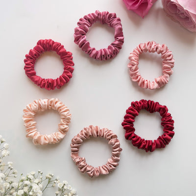 6 Luxury Satin Skinny Scrunchies - Rose Collection