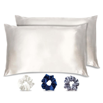 Luxury Satin Pillowcases - 18 x 27 inches | Pack of 2 Pillowcases + 3 Scrunchies | Ivory White - silvrbear