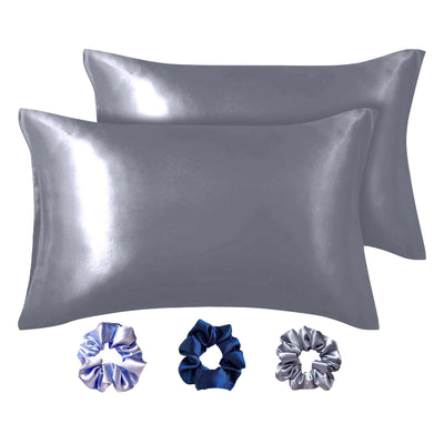 Luxury Satin Pillowcases - 18 x 27 inches | Pack of 2 Pillowcases + 3 Scrunchies | Silver Gray - silvrbear