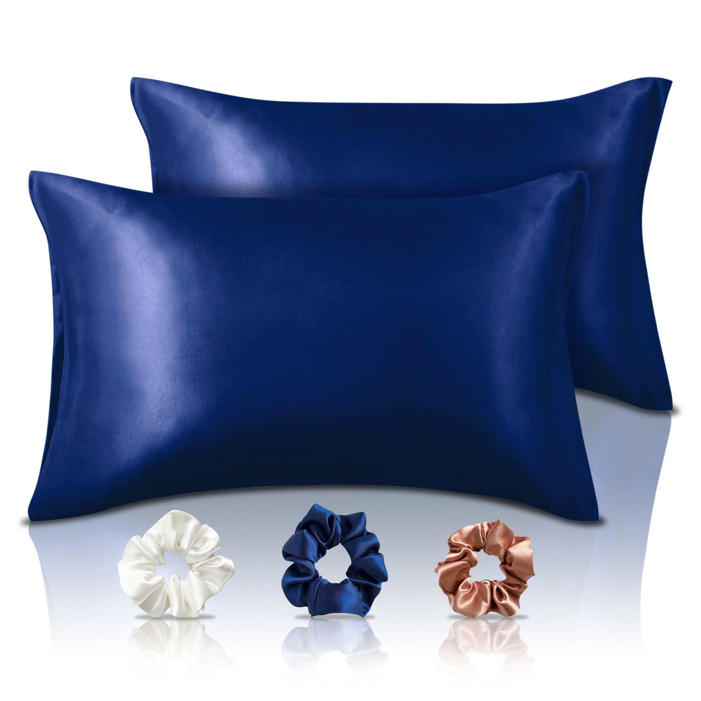 Luxury Satin Pillowcases - 18 x 27 inches | Pack of 2 Pillowcases + 3 Scrunchies | Navy Blue - silvrbear
