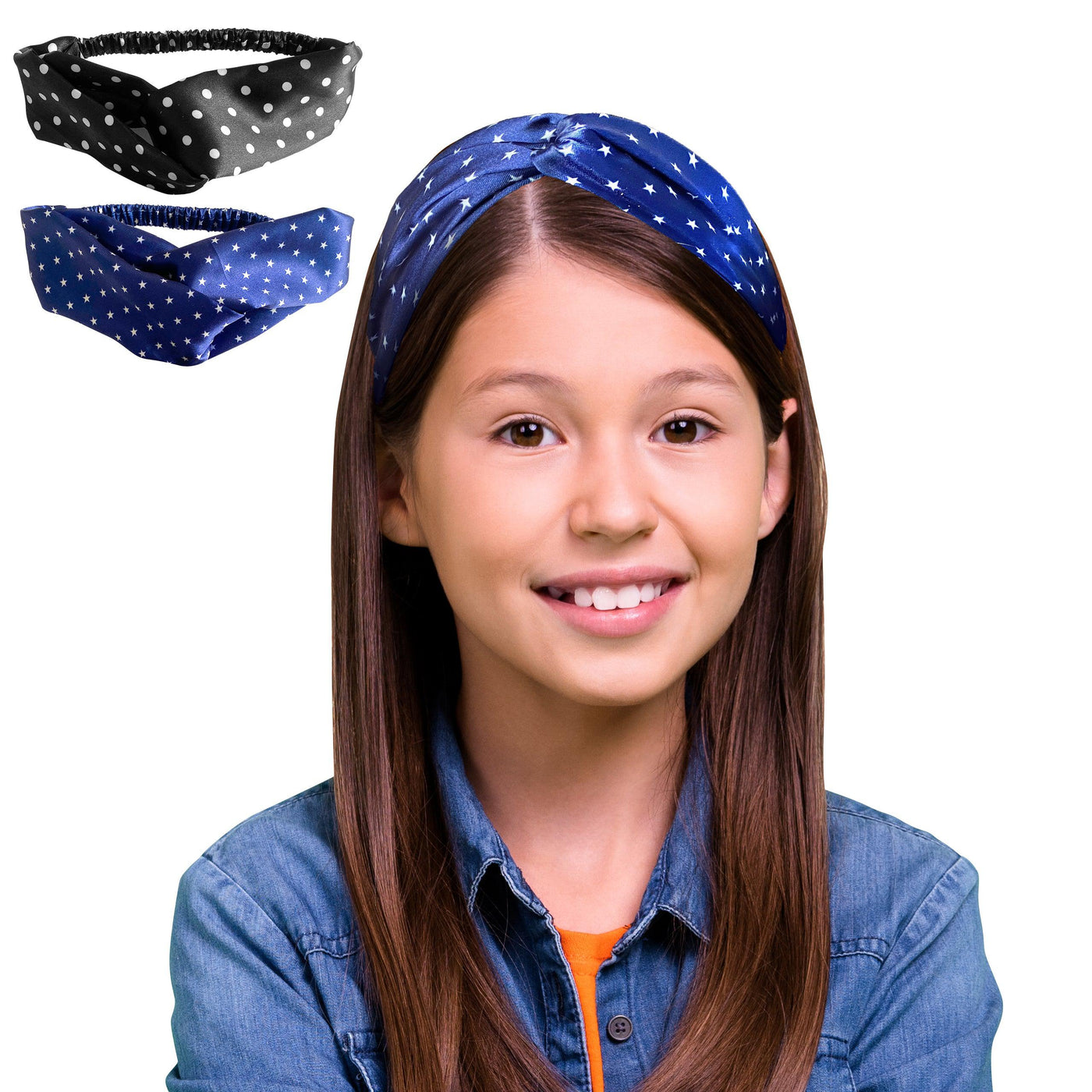 2 Luxury Satin Hairbands For Girls - Polka Dots Dark