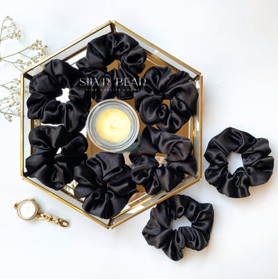 8 Luxury Satin Scrunchies - Black