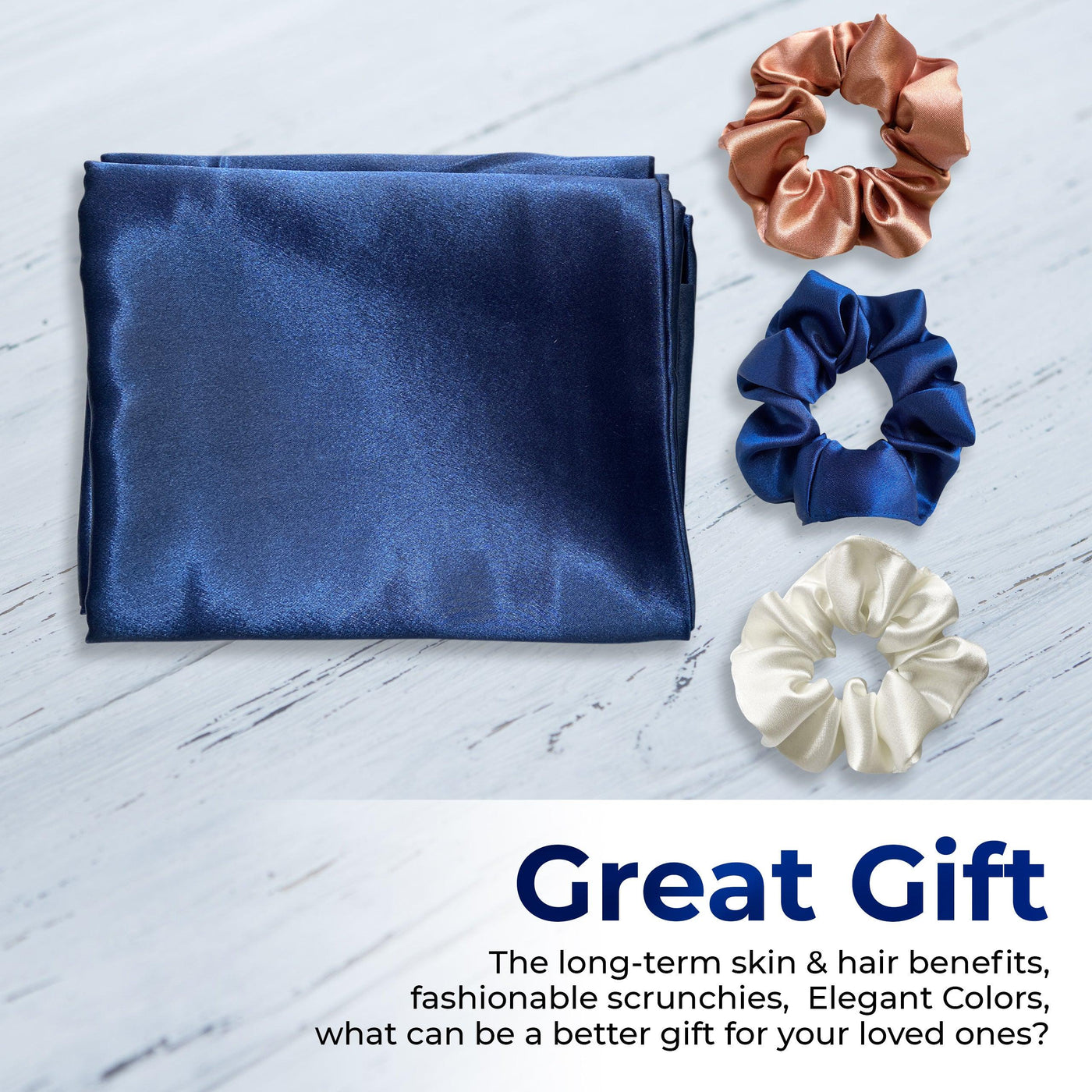 Luxury Satin Pillowcases - 18 x 27 inches | Pack of 2 Pillowcases + 3 Scrunchies | Navy Blue - silvrbear