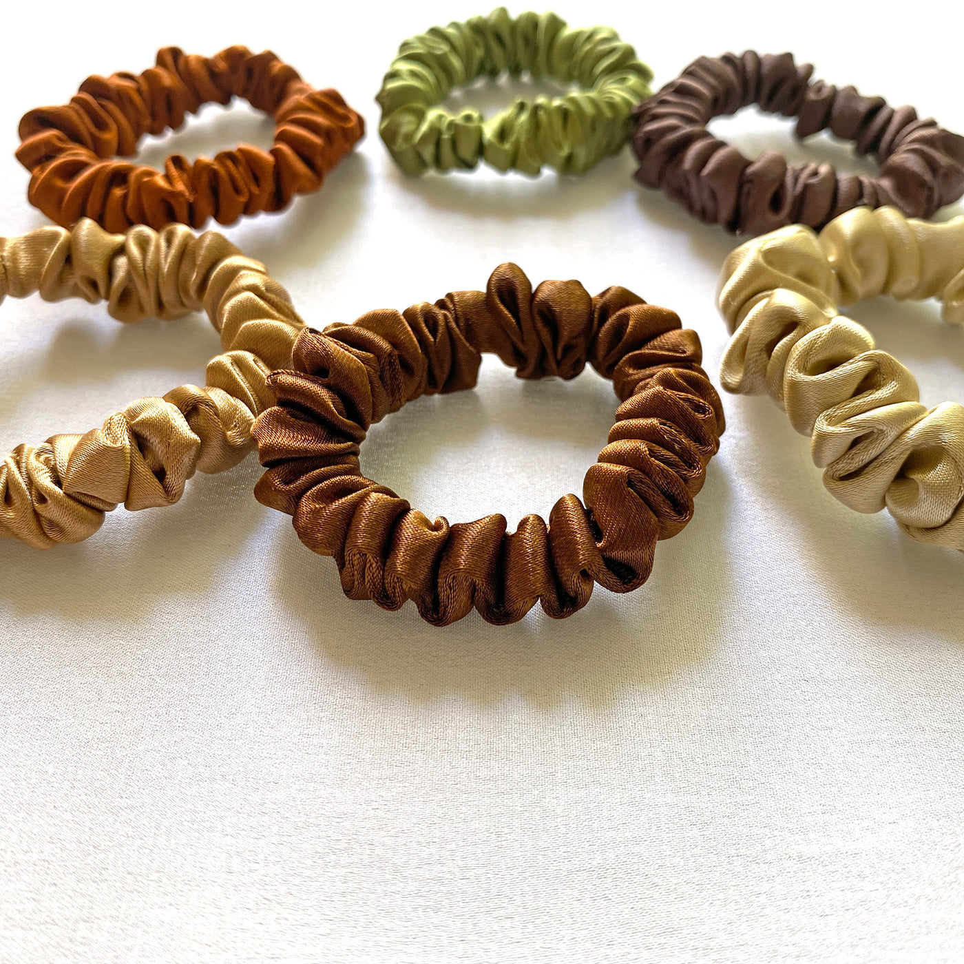 6 Luxury Satin Skinny Scrunchies - Earthy Shades