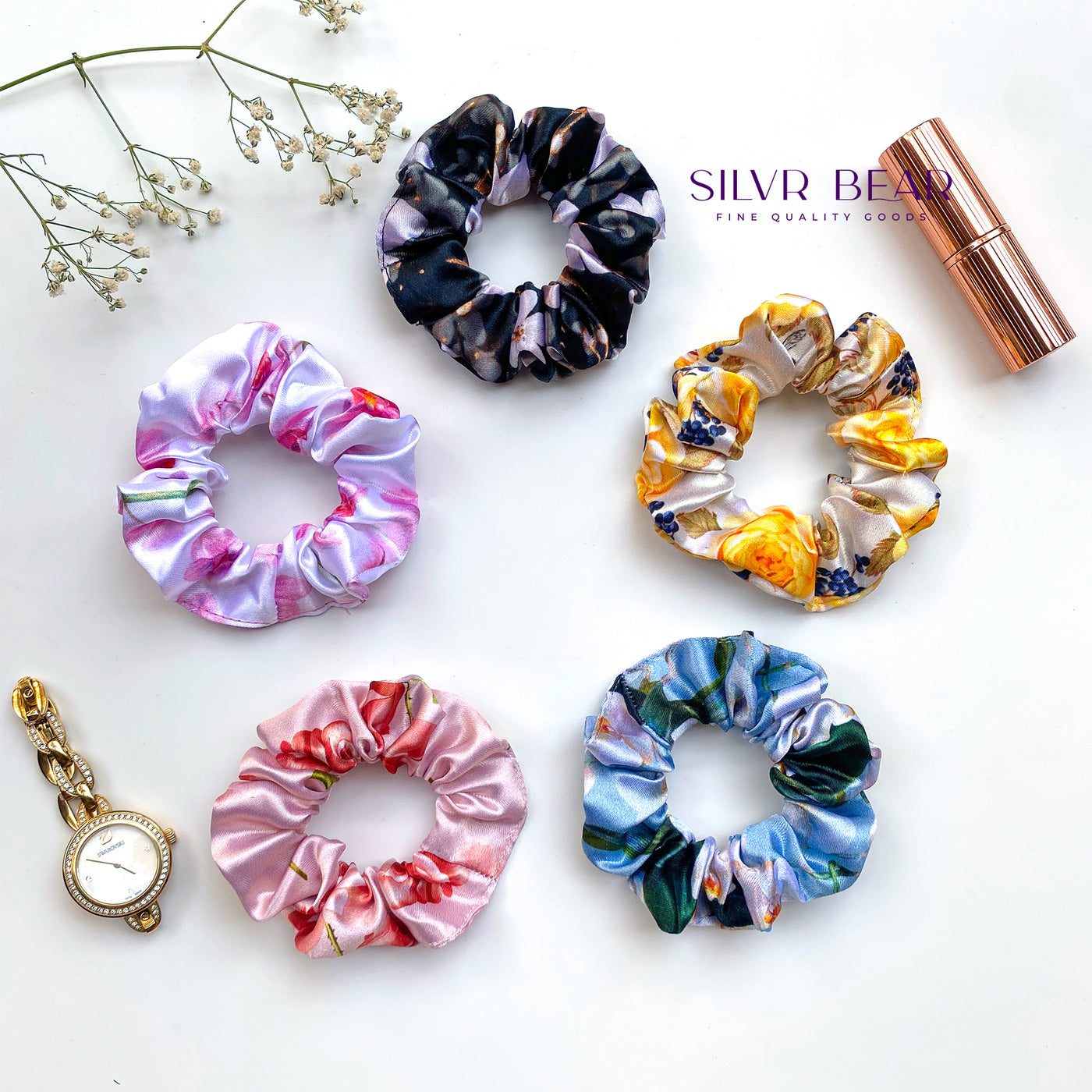 5 Satin Ribbon Scarf Scrunchies - Floral Prints